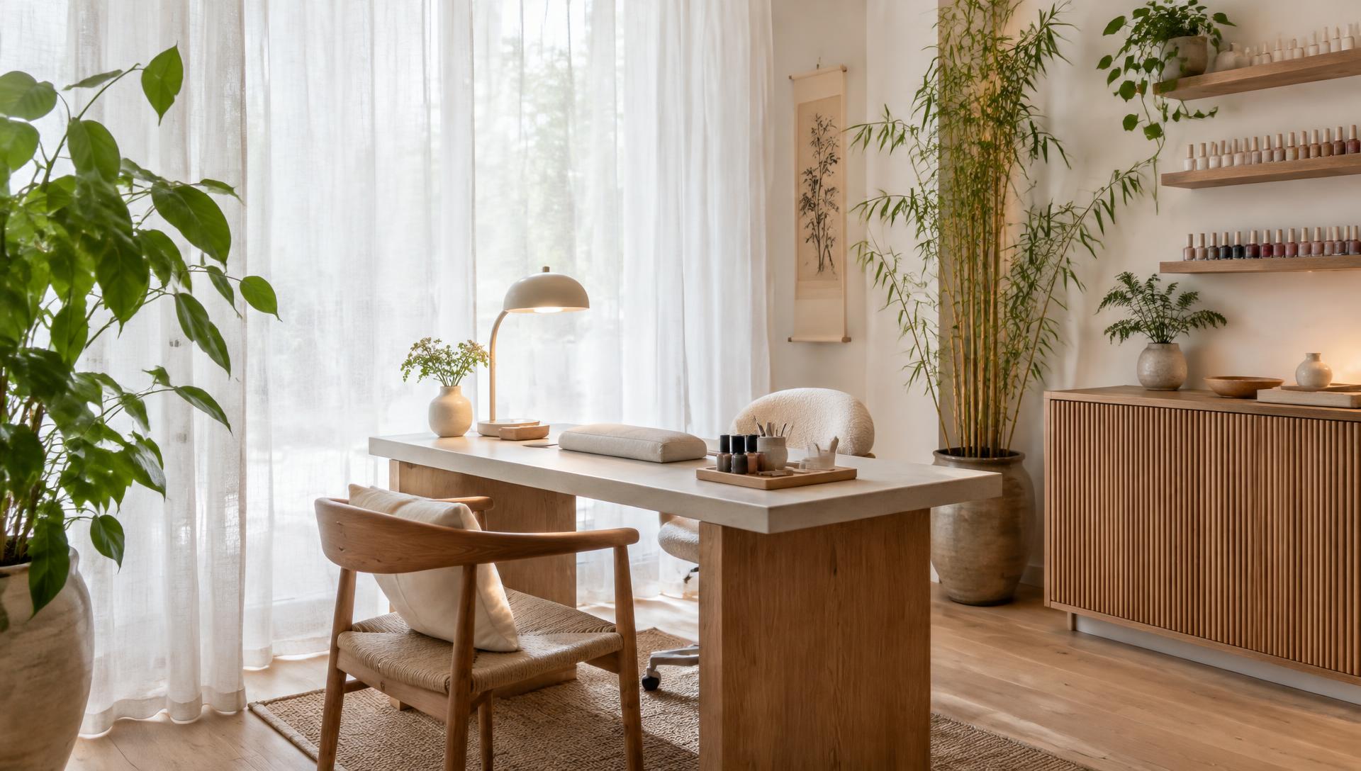 Interno del salone Umi Nail a Rosà con tende di lino bianche, piante e bambù